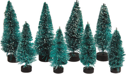 Rayher hobby materialen Kerstdorp boompjes/kerstboompjes - 8x st - 5 en 7 cm -miniatuur kerstdorp accessoires Groen