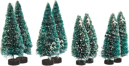 Rayher hobby materialen Kerstdorp boompjes/kerstboompjes - 8x st - 9 en 12 cm -besneeuwd - miniatuur