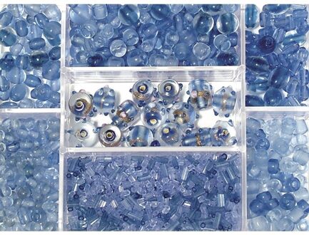 Rayher hobby materialen Lichtblauwe glaskralen in opbergdoos 115 gram hobbymateriaal