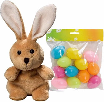 Rayher hobby materialen Pasen decoratie set van paashaas van 19 cm met 12x stuks gekleurde plastic paaseieren 6 cm