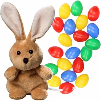 Rayher hobby materialen Pasen decoratie set van paashaas van 19 cm met 20x stuks gekleurde plastic paaseieren 6 cm