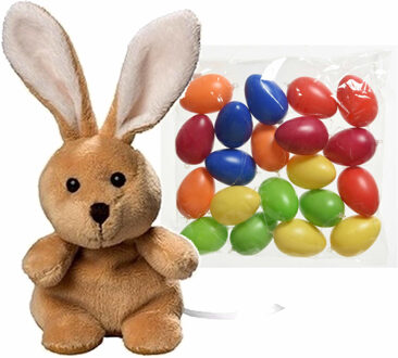 Rayher hobby materialen Pasen decoratie set van paashaas van 19 cm met 20x stuks gekleurde plastic paaseieren 6 cm