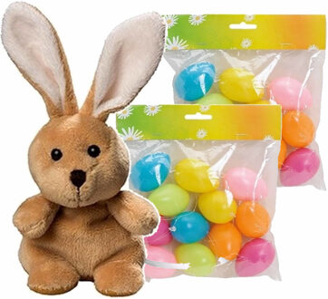 Rayher hobby materialen Pasen decoratie set van paashaas van 19 cm met 24x stuks gekleurde plastic paaseieren 6 cm