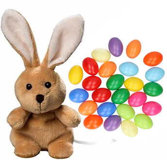 Rayher hobby materialen Pasen decoratie set van paashaas van 19 cm met 25x stuks gekleurde plastic paaseieren 6 cm