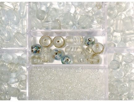 Rayher hobby materialen Rayher Glaskralen transparant - 115 gram in 7-vaks opbergbox/sorteerbox - DIY sieraden maken