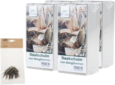 Rayher hobby materialen Rayher hobby - 4x stuks steekschuim/oase droog 20 x 10 x 7.5 cm met 50x steekkrammen klemmen 1-4 cm