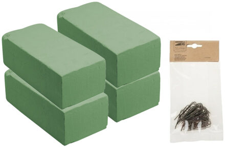 Rayher hobby materialen Rayher hobby - 4x stuks steekschuim/oase nat 20 x 10 x 7 cm met 50x steekkrammen klemmen 1-4 cm