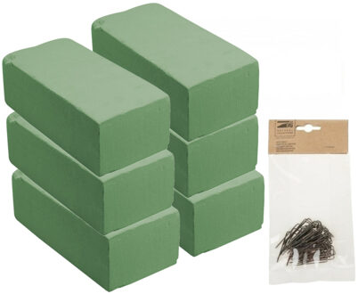 Rayher hobby materialen Rayher hobby - 6x stuks steekschuim/oase nat 20 x 10 x 7 cm met 50x steekkrammen klemmen 1-4 cm