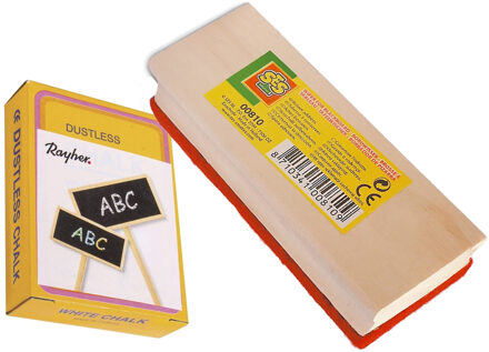 Rayher hobby materialen Rayher Hobby krijtbord wisser van 12 cm - hout - Met 12x witte krijtjes - schoolbord beschrijven