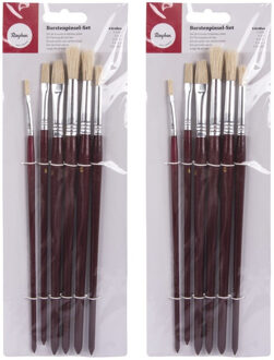 Rayher hobby materialen Rayher Hobby penselen/kwasten plat en rond - 12x stuks - Varkenshaar schilderkwasten/verfkwasten