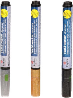 Rayher hobby materialen Textielstiften setje van 3x stuks - goud/zilver/zwart - Op t-shirts schrijven - Zelf ontwerpen