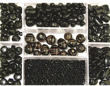 Rayher hobby materialen Zwarte glaskralen in opbergdoos 115 gram hobbymateriaal