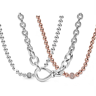 Real Chunky Infinity Knot Rose Beads & Pave Crystal Sliding 925 Sterling Silver Necklace For Fine Bead Charm DIY Jewelry