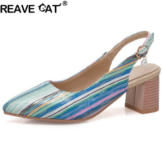 REAVE CAT Women shoes Middle heels Ladies spring summer shoes Pointed toe Pearl Buckle Stripe Multicolor Pointed toe Blue A1907