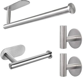 Recableght Rvs Handdoek Houder Badkamer Hanger Keuken Handdoekenrek Rail Bar Ring Set 5Pcs Muur Toiletpapier Plank 3-4 Stuks zilver-4stk-reeks