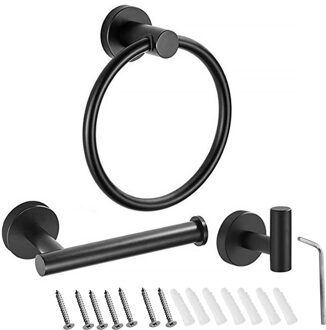 Recableght Rvs Handdoek Houder Badkamer Hanger Keuken Handdoekenrek Rail Bar Ring Set 5Pcs Muur Toiletpapier Plank 3-4 Stuks zwart-3stk-ring