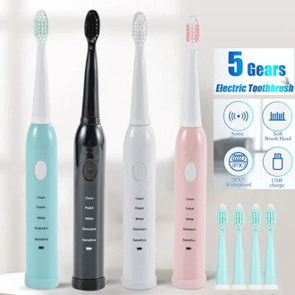 Rechargeable Sonic Electric Toothbrush with Replacement Toothbrush Heads 5 Modes Washable Ultrasonic Whitening Tooth Brush Adult