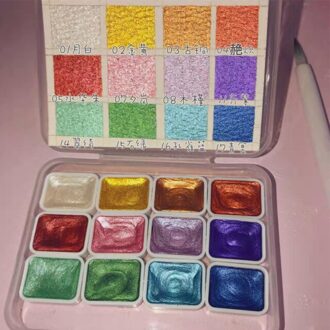 Rechthoek Parelmoer Effen Aquarel Olieverf Set Draagbare Borstel Pen Artistieke Schilderen Kunst Levert 12 kleuren