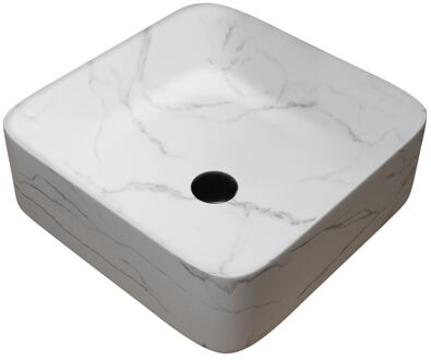 Rechthoekige Opzetwaskom |mat Wit Keramiek | 38x38x13 Cm | Marmer Effect