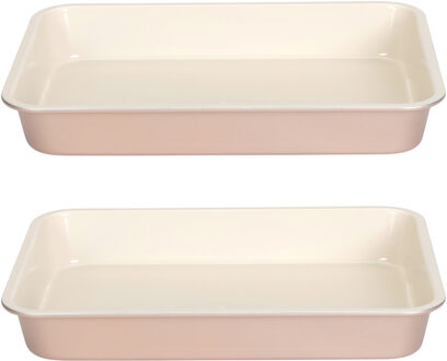 Rechthoekige ovenschaal/braadslede - 2x - metaal - 35 x 24 x 5 cm - wit/roze - Ovenschotel schalen