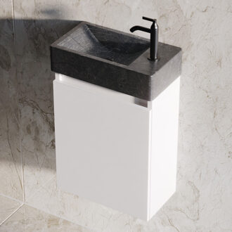 Recto toiletmeubel mat wit 40x22cm met natuurstenen fontein rechts