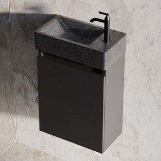 Recto toiletmeubel mat zwart 40x22cm met natuurstenen fontein rechts