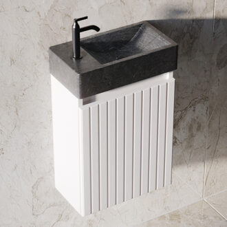 Recto toiletmeubel ribbelfront mat wit 40x22cm met natuurstenen fontein links