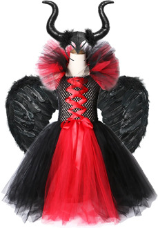 Red Black Maleficent Cosplay Costumes for Girls Kids Halloween Tutu Dresses Long Children Christmas Party Dress with Horns Wing