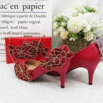 Red Flower women's High Heel Round Toe Party dress shoes big size High Pumps Woman Round Toe platform Shoes Wedding Shoe Bride