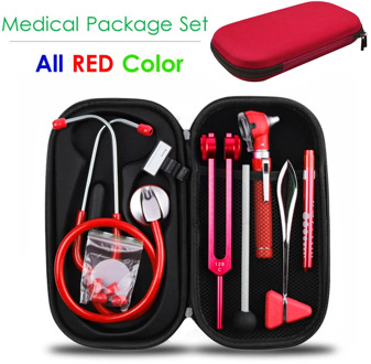 Red Home Medical Health Monitor Storage Case Kit with Stethoscope Otoscope Tuning Fork Reflex Hammer LED Penlight Torch Tool Set