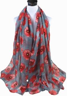Red Poppy Bloemenprint Lange Sjaal Strand Wrap Dames Sjaal Zijden Sjaals Sjaals Strand Bandana Vrouwen Elegante Sjaal grijs