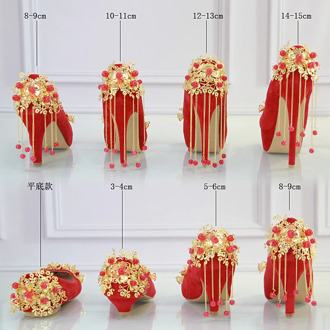 Red shoes Suede fringed bride wedding shoes tip high-heeled dress shoes golden flowers autumn female shoes tassel