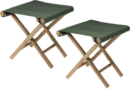 Redcliffs Bijzet krukje/stoel - 2x - Inklapbaar - army groen - vouwkruk - bamboe/polyester - 40 x 40 cm