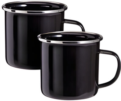 Redcliffs Drinkmokken - 2x stuks - zwart - 350 ml - emaille - kamperen/outdoor - mokken/bekers