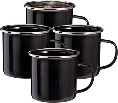 Redcliffs Drinkmokken - 4x stuks - zwart - 350 ml - emaille - kamperen/outdoor - mokken/bekers