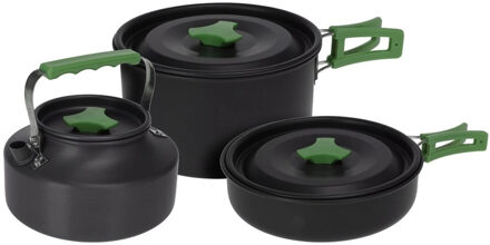 Redcliffs Outdoor Camping pannenset - 3x - aluminium/RVS - zwart/groen - kamperen