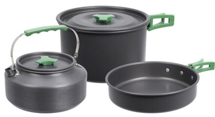 Redcliffs Outdoor Camping pannenset - 3x - aluminium/RVS - zwart/groen - kamperen