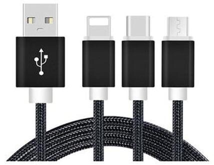 Reekin 3in1 gevlochten USB-kabel - MicroUSB, Lightning, USB-C - 1.2m - Zwart