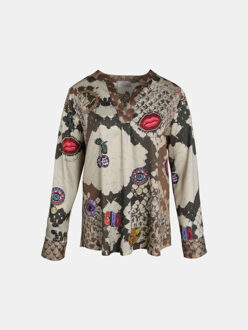 ® blouse grazie slangenprint en artistiek bedrukte patches Beige - XS