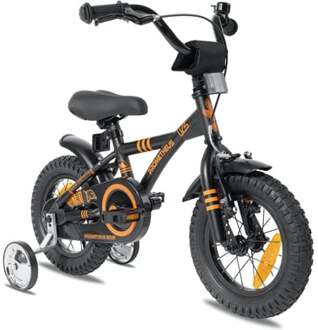 ® Kinderfiets met zijwieltjes 12 inch zwart - mat oranje Kleurrijk