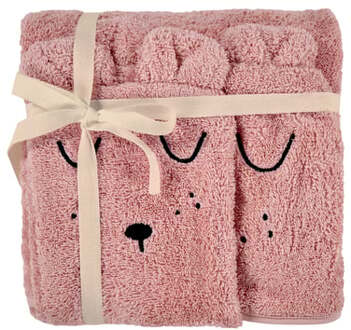 ® Terry set badhanddoek met capuchon en washandje roze Roze/lichtroze - 90x90 cm