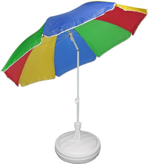 Regenboog gekleurde tuin/strand parasol -Dia 180 cm - met vulbare wit plastic voet - van Dia 42 cm