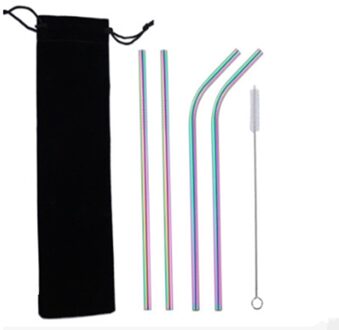 Regenboog Kleur Herbruikbare Metalen Rietjes 304 Rvs Rietje Set Met Cleaner Borstel Melk Drinkware Bar Party kleur 5stk