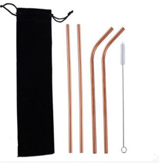 Regenboog Kleur Herbruikbare Metalen Rietjes 304 Rvs Rietje Set Met Cleaner Borstel Melk Drinkware Bar Party roos goud 5stk