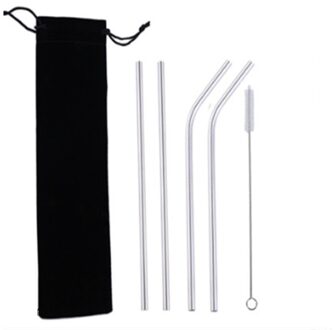 Regenboog Kleur Herbruikbare Metalen Rietjes 304 Rvs Rietje Set Met Cleaner Borstel Melk Drinkware Bar Party zilver 5stk