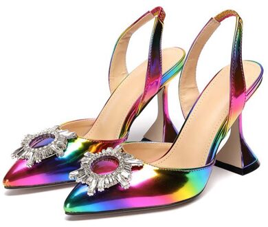 Regenboog Kleur Vrouwen Sandalen Elegante Spitse Neus Zon Stijl Strass Hoge Hakken Wieden Schoenen Spike Hak Slingback Pumps Sandalen 40