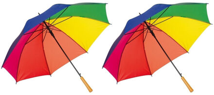 Regenboog kleuren paraplu - 2x stuks - met metalen steel - houten handvat - dia 103 cm