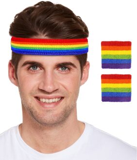 Regenboog pride kleuren hoofd en pols zweetbandjes set Multi