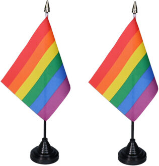 Regenboog Pride tafelvlaggetjes - 2x stuks - 10 x 15 cm vlag - met zwarte standaard