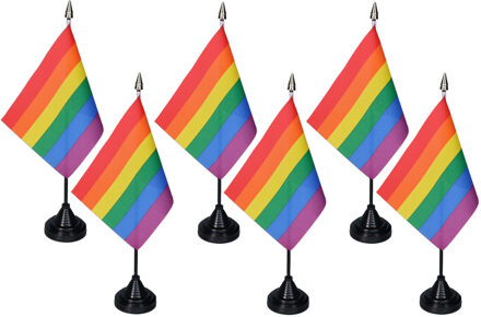 Regenboog Pride tafelvlaggetjes - 6x stuks - 10 x 15 cm vlag - met zwarte standaard